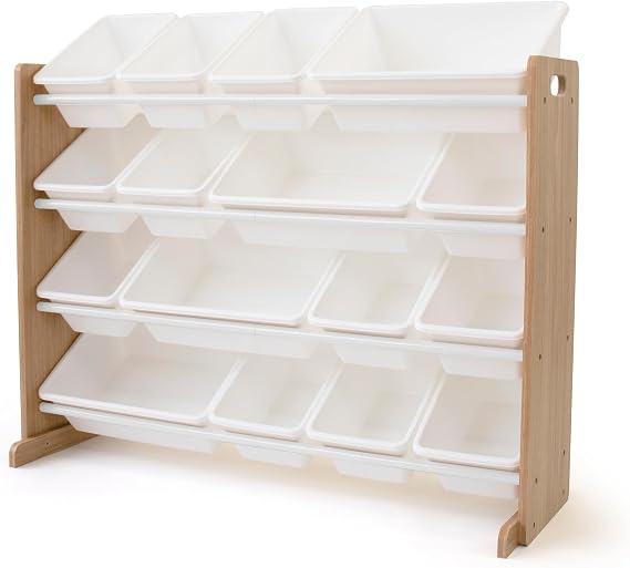 Humble Crew Extra-Large Wooden Toy Storage Organiser for Children & Toddlers, with 16 BPA Free Plastic Removable Storage Bins, Ideal for Storing Toys, Games, Books and Craft Supplies- Natural /White