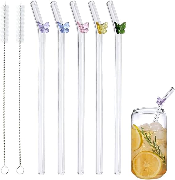 5 Pcs Reusable Glass Straws,Colorful Butterfly on Clear Straws With Design 7.9in X 8mm Shatter Resistant Bent Drinking Straws with 2 Cleaning Brushes for Shakes,Juices,Smoothies, Cocktails