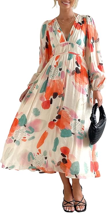 Maxigerui Women's Long Sleeve Floral Maxi Dress 2026 Spring Summer Wedding Guest Dress Red Watercolor M