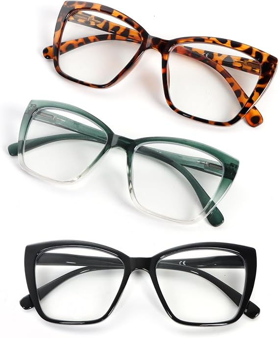 3 Pack Reading Glasses Women Blue Light Blocking,Cat eye Fashion with spring hinge Eyeglasses