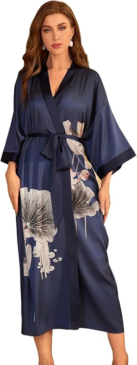 Women's Flower Print Satin Dressing Gown Long Silk Kimono Robe Loose Sleepwear Robes