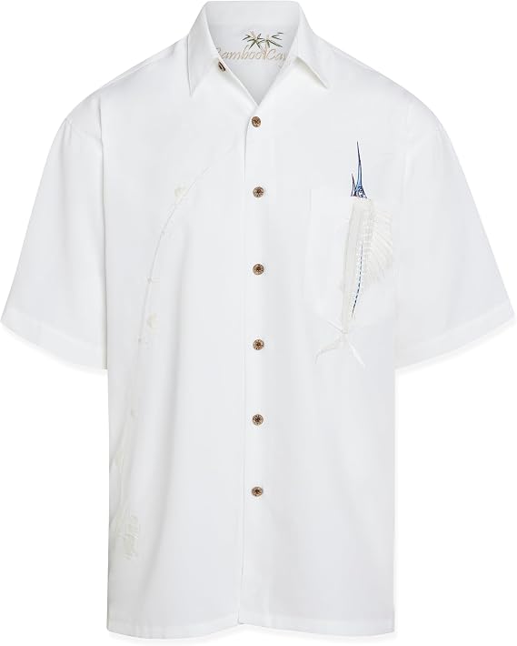 Bamboo Cay Mens Embroidered Shake The Hook Tropical Style Casual Button Up Camp Shirt