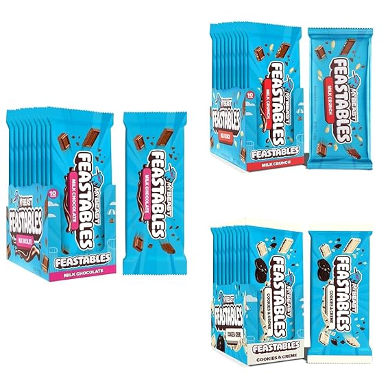 MrBeast Feastables Chocolate Favorites Variety Bundle, Milk Chocolate, Milk Crunch, Cookies & Creme King Size Bars