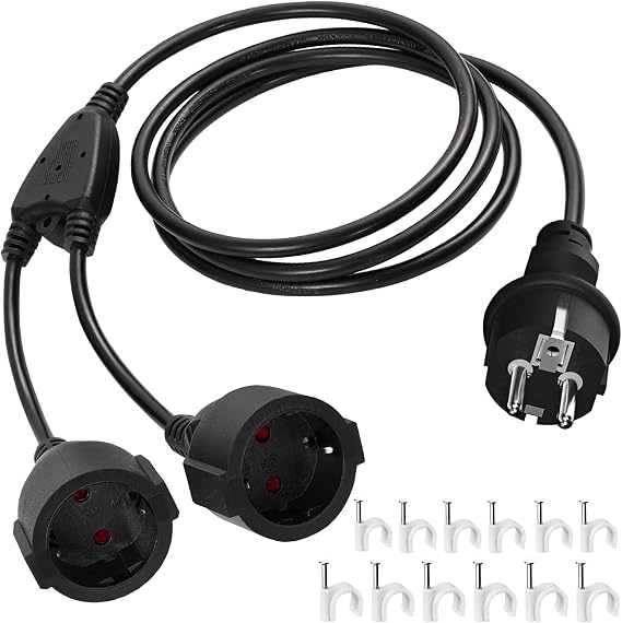 Extension Cable Double Plug for Socket 2 m Schuko Multiple Plug 2 Way Sockets 2 Socket Adapter 3680 W Extension Double Socket Outdoor for Home Office Outdoor Black