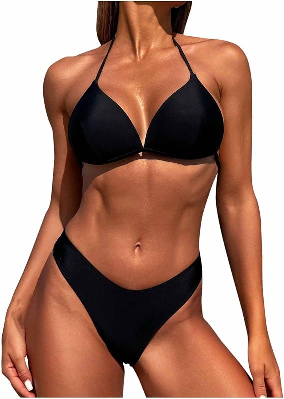 Womens High Waisted Bikini Sets Push up Halter Bikini Top Thong Swimsuits Sexy Cheeky High Cut Two Piece Bathing Suit