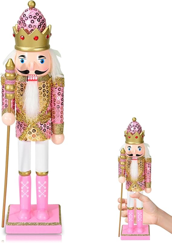 Pink Nutcracker Soldier Ornaments Christmas Decorations, 14 Inch christmas nutcracker figures large, Traditional Painted Wooden Doll,Nutcracker Soldier Puppet Doll for Fireplace Xmas Gift Indoor Decor