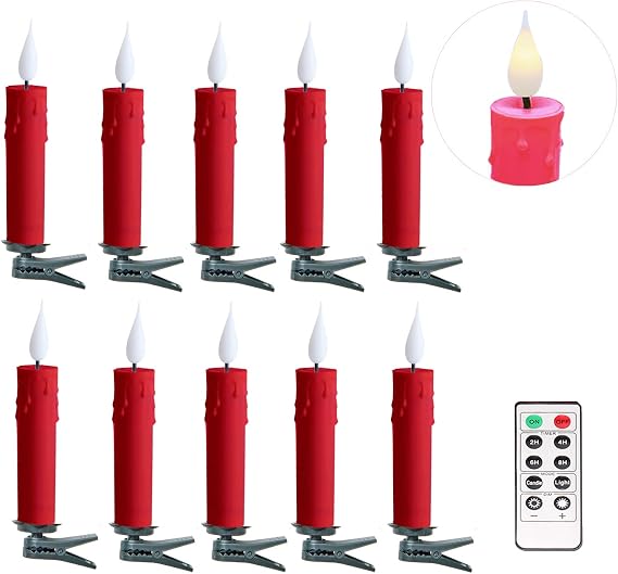 Christmas Tree Clip-on Taper Candles with 3D Flickering Flame Battery Operated Candle with Timer and Remote, Pack of 10, Red