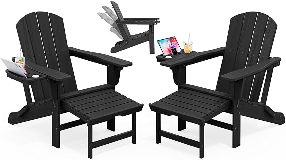 KINGYES Adjustable Folding Adirondack Chair with Footrest & 4-in-1 Multi-Functional Armrest Organizer Set of 2, HDPE Foldable Recliner Adirondack Chair with Pull-Out Ottoman, Black