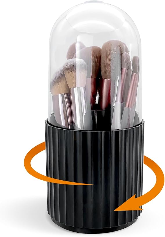 Makeup Brush Holder Organizer with Lid 360 Rotating Dustproof Storage Organizer, 5-Slot Makeup Brush Cup, Multifunctional Pen Holder for Makeup Brush Mascara or Eyeliner(Black)