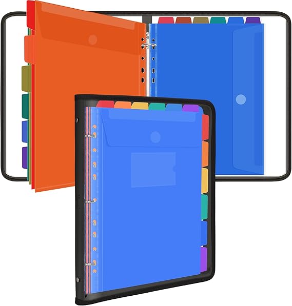 Uquelic A4 Folder Ring Binder, Document Organizer with 12 Pcs Punched Pockets, Transparent Vinyl Bag with Zipper, Cute Folders Wallets, Waterproof PVC Folder for School Home Work Office (Black)