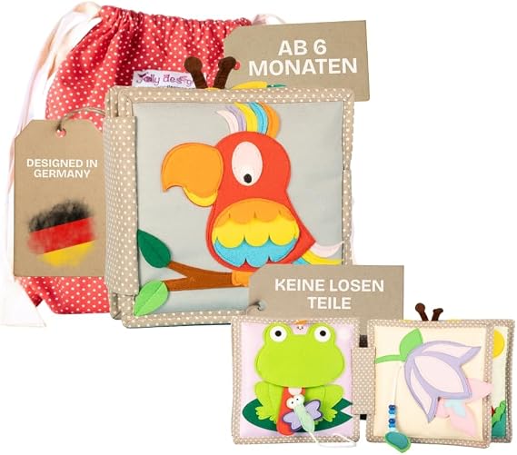Jolly Designs Mini Quiet Book Iridescent Parrot - Montessori Toy from 6 Months - Feeling Book & Busy Book without Loose Parts - Fabric Book & Felt Motor Skills Toy - Educational Toy for Babies