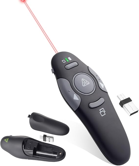 Presenter Clicker for PowerPoint Presentations, USB Wireless PPT Remote Clicker with Laser Pointer for Mac/Windows/Linux, Google Slide/PPT/Keynote, Page Flip, Full/Black Screen, Plug and Play