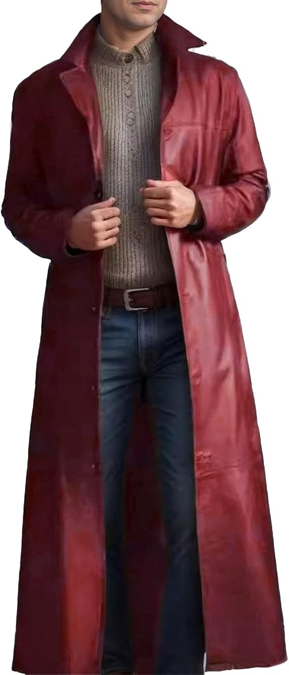 DGHM-JLMY Men's Fashion Retro Trench Jacket Slim Pu Leather Steampunk Overcoat Open Front Cardigan Vintage Trench Coat
