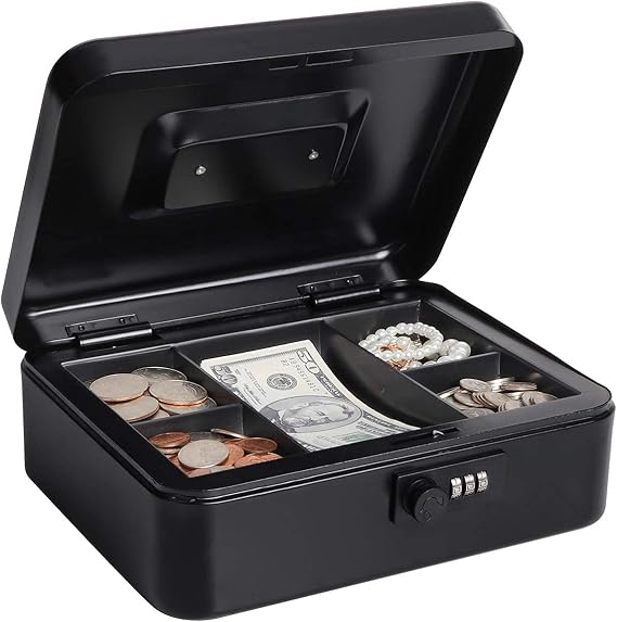Cash Box with Combination Lock, Metal Money Box for Cash, Lovndi Lock Box with Money Tray, 9.84x 7.87x 3.54 Inches, Black
