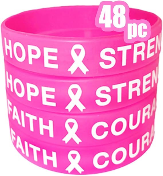 AISENO 48 Pcs Breast Cancer Awareness Pink Ribbon Bracelets Rubber Wristbands Strength Hope Faith Courage Party Wristband Supplies Unisex
