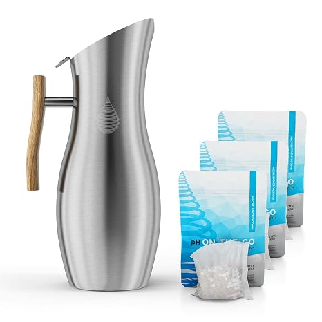 pH Vitality Stainless Steel Alkaline Water Pitcher - Alkaline Water Filter Pitcher by Invigorated Water Plus one 3pk PH ON-THE-GO 100g Alkaline Filters Bundle