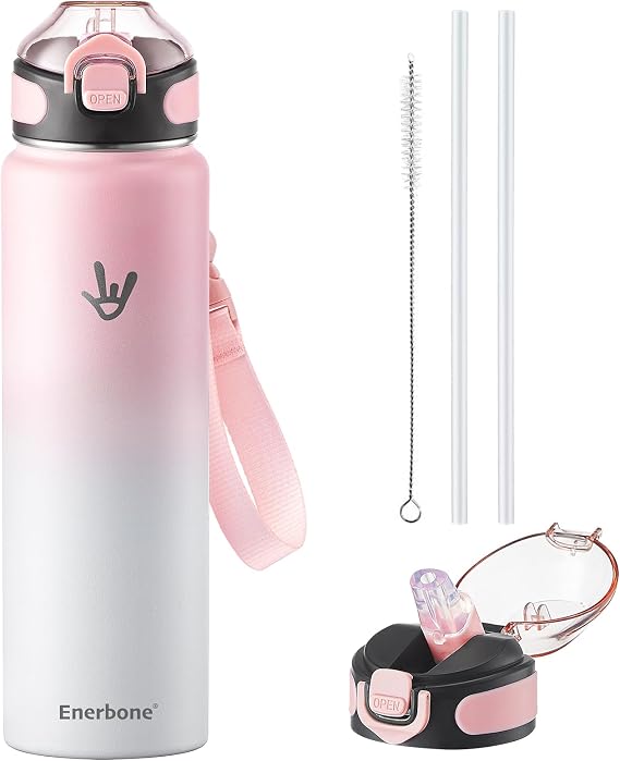Enerbone 32 oz Insulated Water Bottle, Stainless Steel Bottle with Carrying Strap, Double-Wall Vacuum Insulation Design, Leakproof Sports Bottle with Straw, Keep Drinks Cold or Hot for Hours