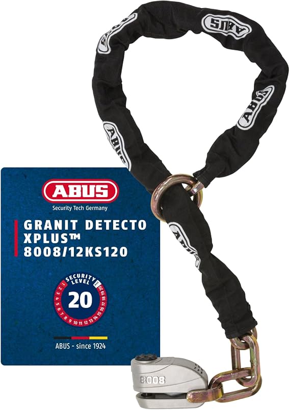 ABUS Schloss-Ketten-Kombi Granit Detecto XPlus™ 8008/12KS120 - Motorradschloss mit Alarmfunktion - ABUS-Sicherheitslevel 20 Schwarz