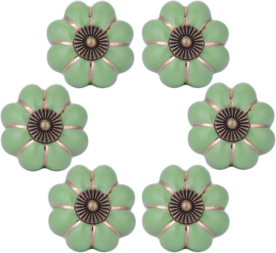 Wolfteeth Green Cabinet Knobs, Unique Dresser Knobs, 6pcs | Ceramic with Antique-looking Brass Highlights,1.5 inch,Comfortable to Grip,3 Screw Sizes,Easy to Install,For Kitchen,Bathroom
