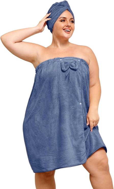 Plus Size Women's Towel Wrap with Hair Towel, XL-XXL, Dark Blue, Coral Fleece