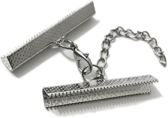 10 Set Ribbon Clamp Crimp Ends Beads Flat Cover With Lobster Claw Swivel Clasps Extension Chain Jump Rings Cords End Caps String Clip Foldover Necklace Bracelet Connectors (Rhodium Crimp 40mm)