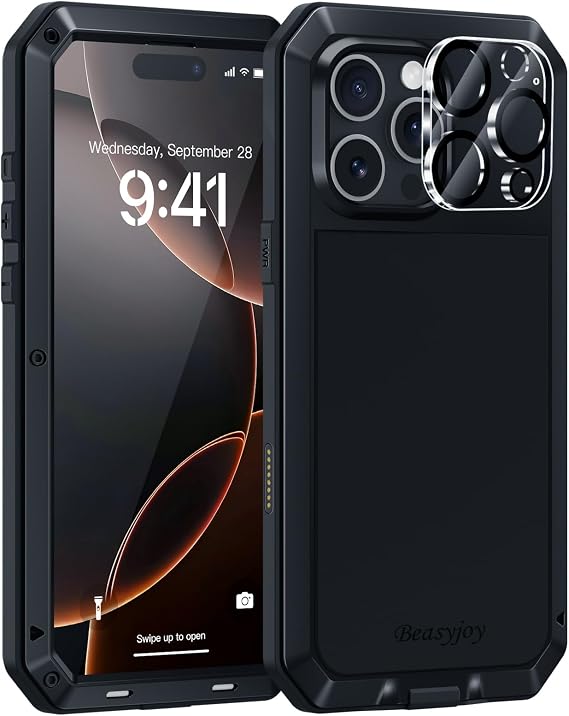 Beasyjoy for iPhone 16 Pro Metal Case, Heavy Duty Shockproof, Military-Grade Rugged Protection with Built-in Screen & Camera Protectors, 360 Full Body Tough Dustproof Defense 6.3", Black