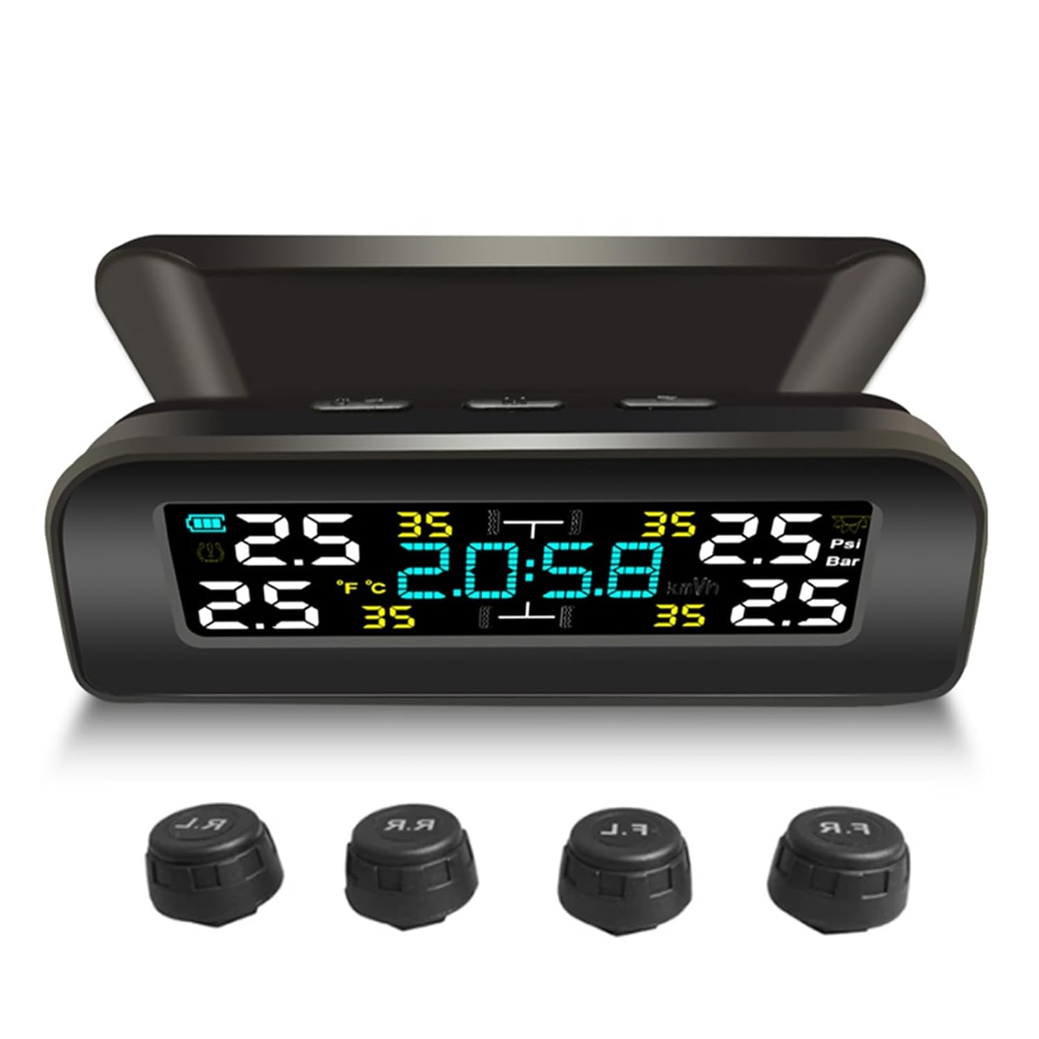 Tire Pressure Monitoring System Wireless Solar TPMS Installed on Windowshield with 4 External Sensors Real-time Display Time Temperature Pressure 0-3.5Bar for Car RV SUV MPV