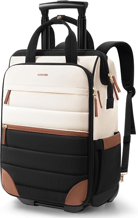 AUROTIER Rolling Puffer Backpack for Women, Travel Backpack with Wheels, Wheeled Laptop Backpack, Underseat Carry on Luggage
