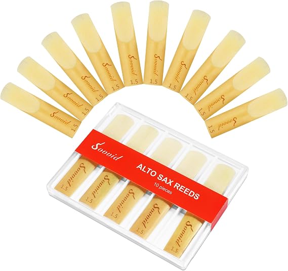 10 Pack Professional Alto Saxophone Reeds with Plastic Box, Strength 1.5, Laser Engraved Marking & Thinner Reed Tip for Easy Play