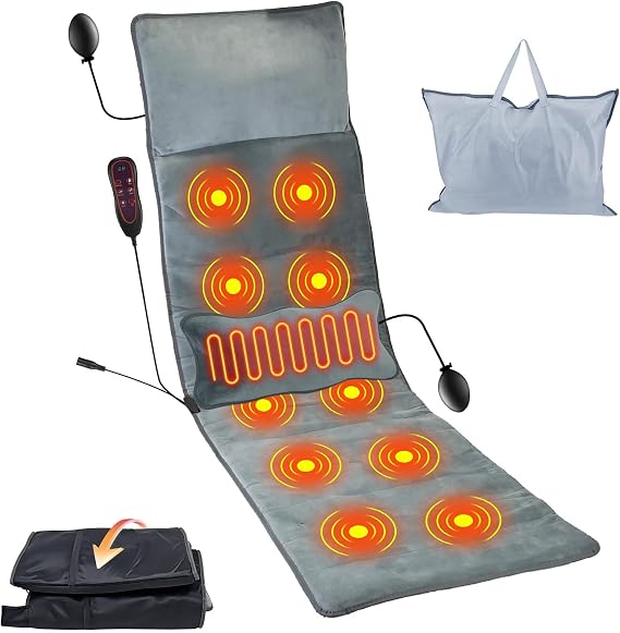 Full Body Massage Mat with Heat, Electric Heating Pad Massage Mat with Inflatable Head Pillow Lumbar Pillow, Massage Chair Pad with 10 Vibrating Motors, 9 Massage Modes and 3 Heating Settings