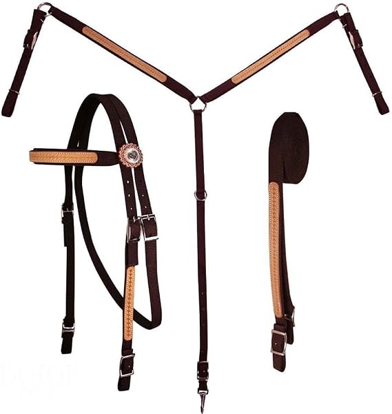 Basket Weave Leather Overlay Nylon Headstall, Breast Collar, and Reins Set