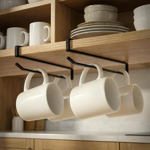 Under Cabinet Paper Towel Holder, Black Carbon Steel, Kitchen Storage Rack for Cups and Towels