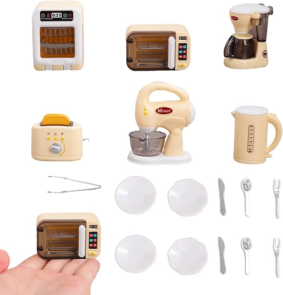 17 PCS Mini Kitchen Toy Set, Mini Dishwasher, Coffee Machine, Microwave, Toaster with Utensils, Pretend Play Kitchen Accessories for Imaginative Fun (Yellow)