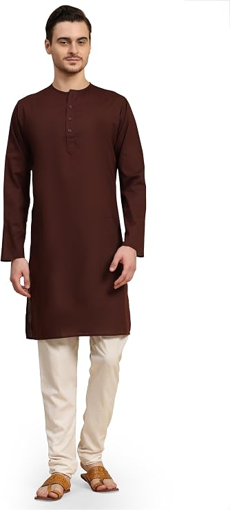 SKAVIJ Men's Pure Cotton Solid Kurta Pajama Set Round Neck Daily Wear Casual Yoga Dress (KP096brown_Brown_S)