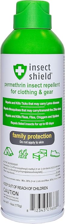 Insect Shield Premium Permethrin Spray - Tick, Flea, Fly, Mosquito, Chigger, Spider & Bed Bug Repellent for Clothing, Gear, Furniture, Tents, Last up to 60 Days, Clear, 6 Oz Aerosol