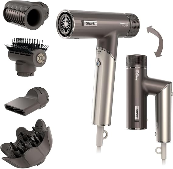 Shark SpeedStyle Pro FLEX Hair Dryer, Folding Handle, Mocha Silver HD542UK | High Performance High-Velocity Hair-Dryer w/ 4 Styling Attachments, Lightweight, Ionic, No Heat Damage, For All Hair Types