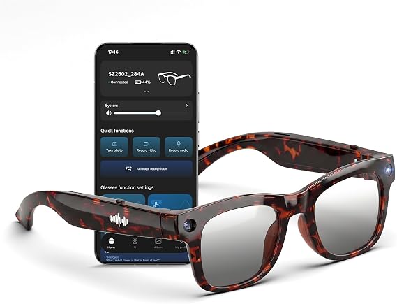 AI Smart Glasses with HD Camera, BT Call, 8MP Anti-Shake Camera Glasses with 1080P Video Recording Dual Mic, Simultaneous Interpretation/GPT Identify Objects, Photochromic Lens Leopard Print