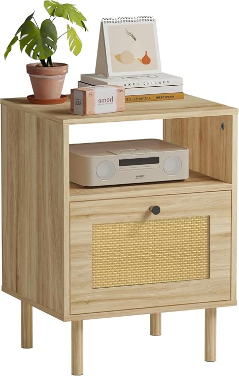 Bedside Table, Boho Farmhouse Oak Rattan Nightstand with Drawers