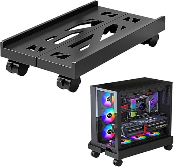 Adjustable Mobile CPU Stand with 4 Caster Wheels - Ventilated Tower Stand, Fits Most PCs - Under Desk CPU Holder, PC Floor Cart, Riser for Gamers and Students (Black)