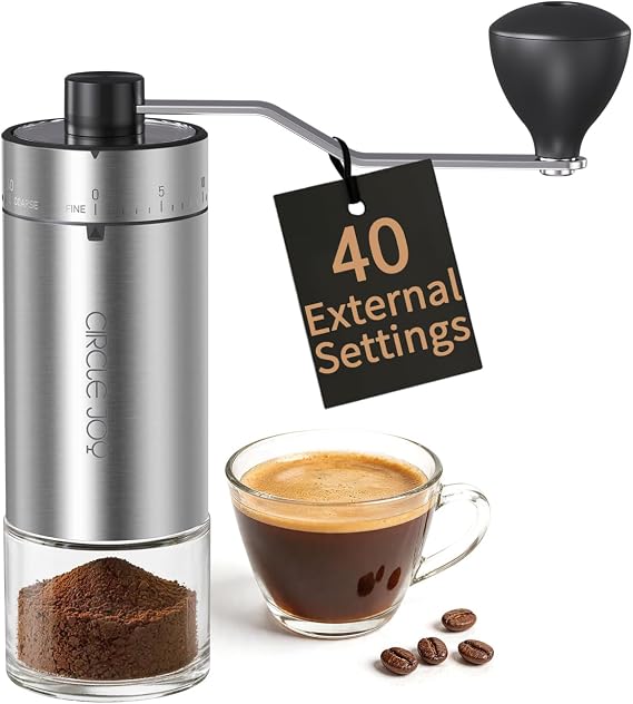 CIRCLE JOY Manual Coffee Grinder with 40 Gear Settings, Stainless Steel | High Precision Conical Burr Portable Hand Coffee Bean Mill for French Press/Pour Over/Moka Pot, for Home, Office & Travel