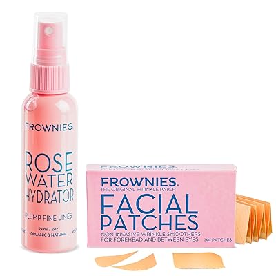 Frownies Forehead & Between the Eyes Facial Patches and Rose Water Hydrator Combo Forehead Wrinkle Patches 144 with Rose Water Spray for Face 2oz For All Ages & Skin Types