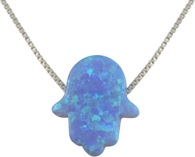 Light Blue Created Opal Hamsa Hand Pendant Necklace with Sterling Silver Chain