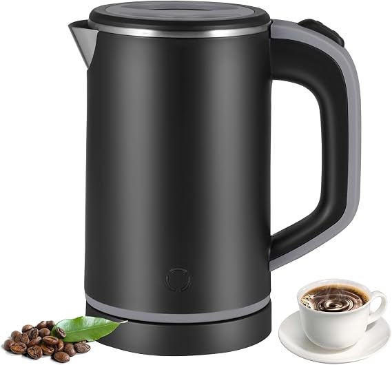 Travel Kettle, Low Wattage Kettle, 800ml Electric Travel Kettles Small, Fast Boiling, Portable Mini Cordless Camping Kettles Stainless Steel for Caravan, Motorhome, Bedroom, Office (Black)