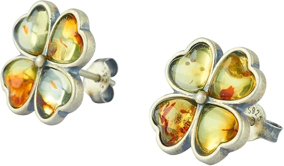 Handmade Jewellery S925 Silver Embedded Natural Baltic Sea Amber Raw Stone Ear Nail Polished Amber Energy Stone Wooden Gift Box