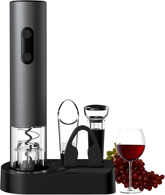 COKUNST Electric Wine Opener Set, 4-in-1 Wine Bottle Openers Set with Base, Automatic Corkscrew with Foil Cutter, Pour, Vacuum Stoppers for Home Party Wedding Bar - Battery Operated (Space Gray)