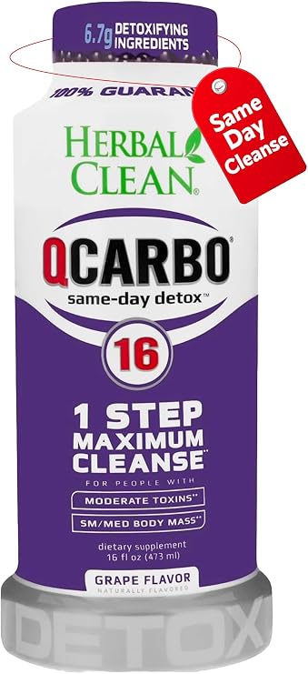 Herbal Clean Qcarbo16 Same-Day Detox Cleanse Drink (16 fl oz) - Grape Flavor Full Body Cleanse* Detox Drink for Moderate Toxin Level*, Vitamin B2 and Vitamin B12 for Men & Women