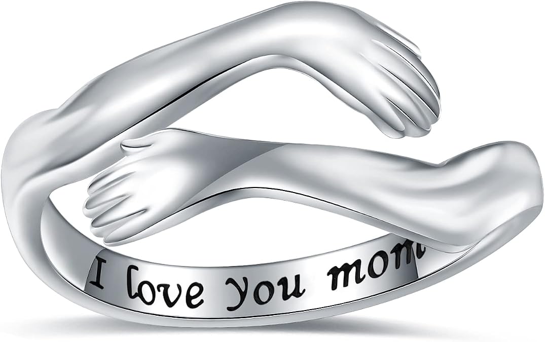 925-Sterling-Silver Adjustable Hug Ring for Women - White Gold Plated Hand Hugging Hug Rings Birthday Christmas Jewelry Gifts for Teen Girl Mom and daughter