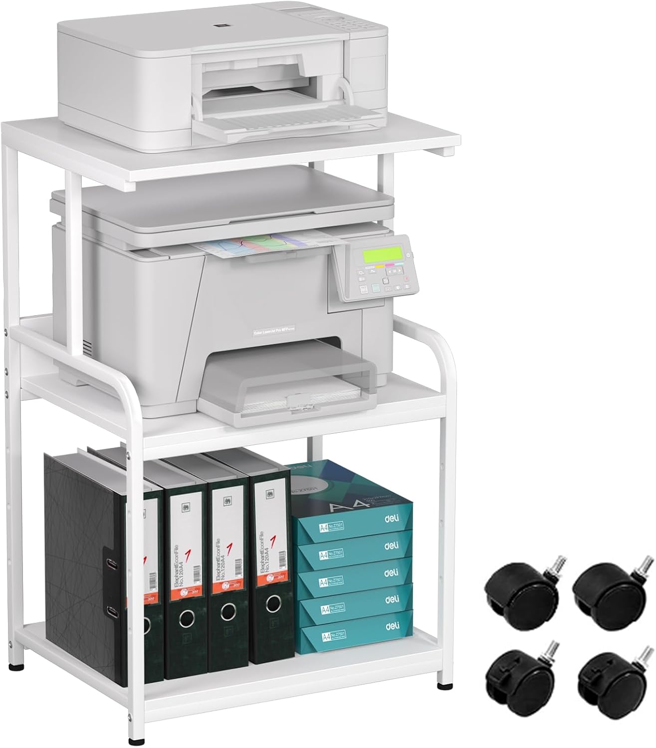 3-Tier Printer Stand, Large Printer Table on Wheels, Movable Printer Stand with Storage, Rolling Printer Cart for Fax Scanner Files Media Player, Multifunctional Trolley for Office Home Kitchen, White
