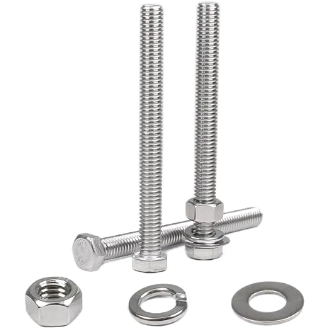 MroMax 5 Sets 3/8-16 x 4 Hex Head Screw Bolt, Nuts, Flat Washer & Spring Lock Washers Kits,Fully Threaded, Stainless Steel 18-8(304), Bright Finish