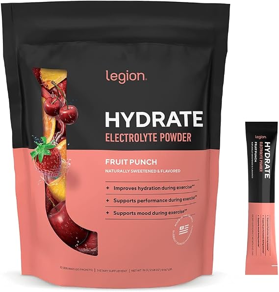 LEGION Hydrate Electrolyte Powder Packets with Sodium, Potassium & Magnesium Sugar-Free Hydration Mix for Energy & Recovery (20 Serving, Fruit Punch)